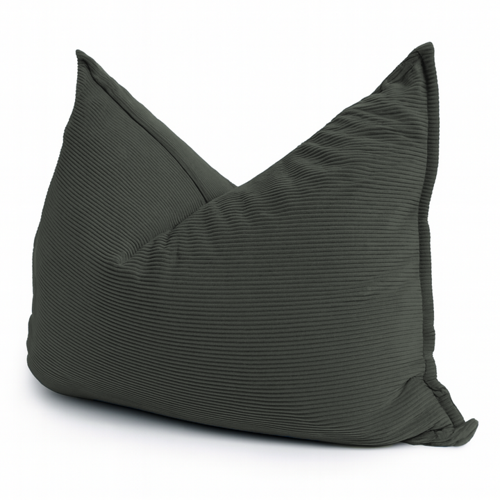 Pouf velours côtelé déhoussable gris foncé, grand coussin, en studio.