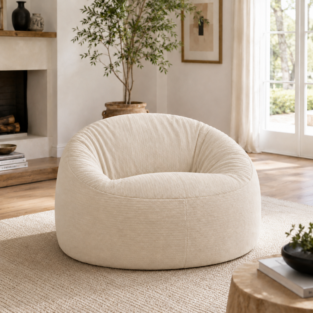 Pouf déhoussable rond en velours côtelé écru, vue en intérieur