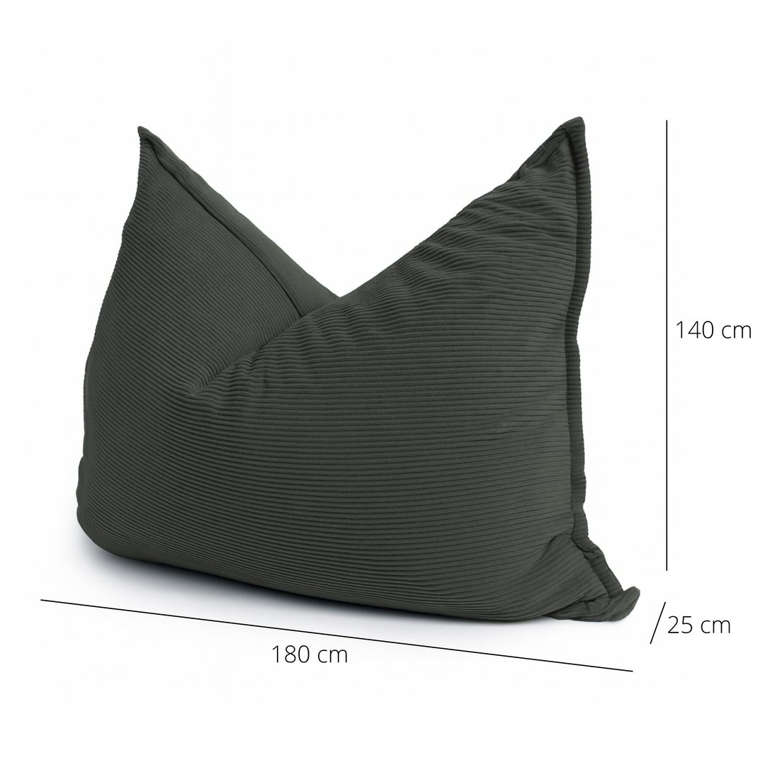 Pouf velours côtelé déhoussable gris foncé, dimensions 140 cm x 180 cm x 25 cm.