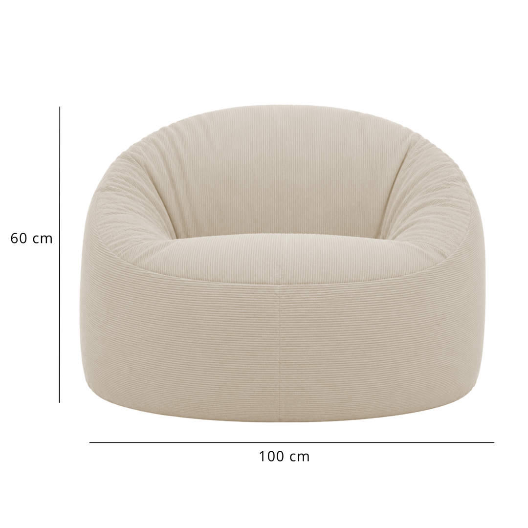 Pouf déhoussable en velours côtelé écru, dimensions 100 cm x 60 cm visibles.