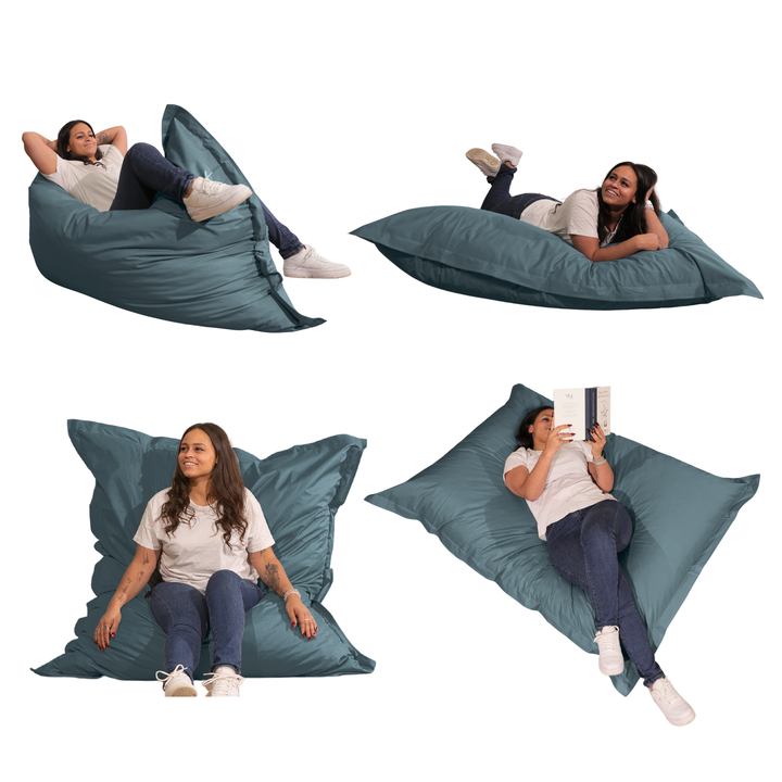 Différentes positions d’utilisation du pouf extérieur 140x180 cm avec une personne allongée, assise et inclinée.