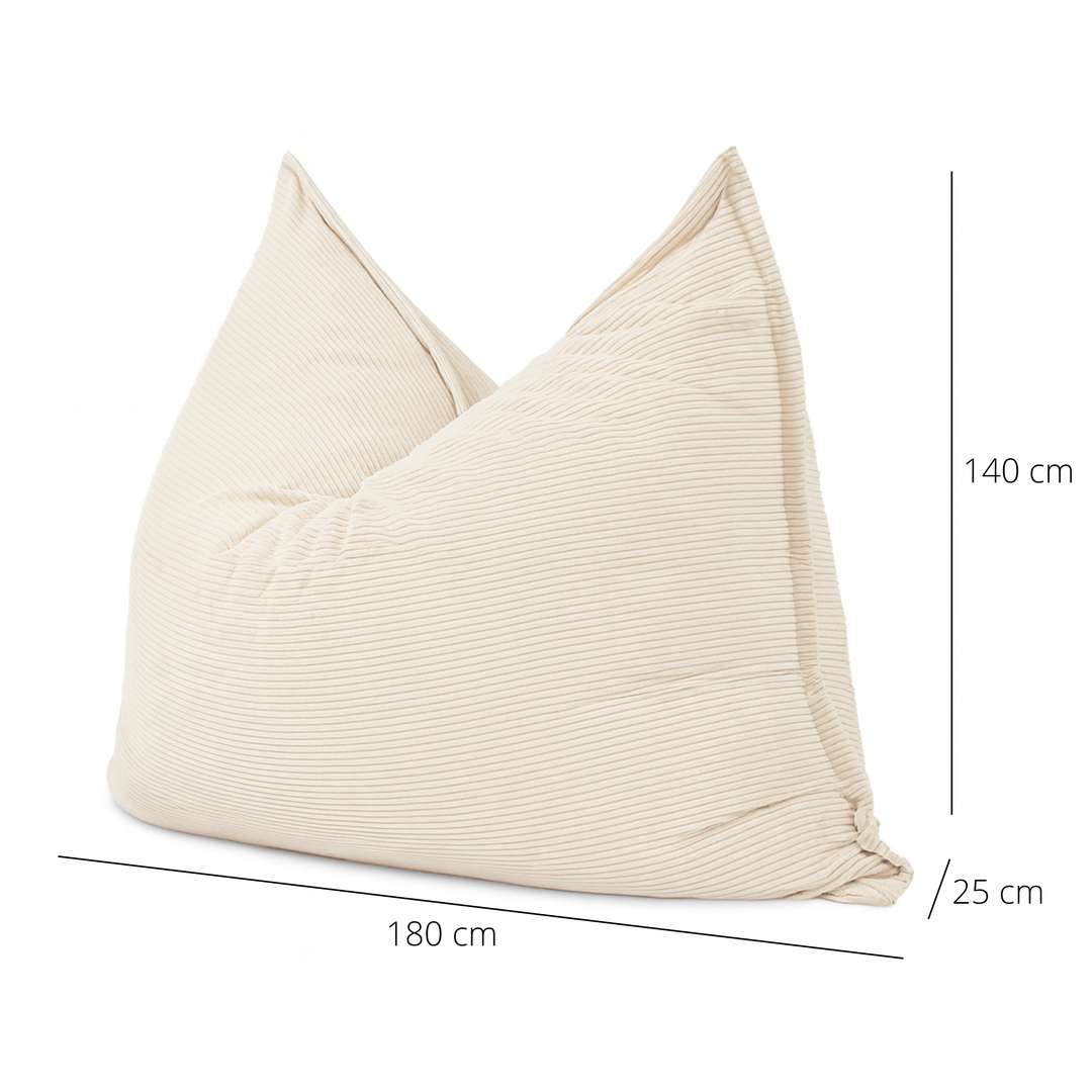 Pouf déhoussable velours côtelé blanc cassé avec dimensions 180 x 140 cm, vue de côté.