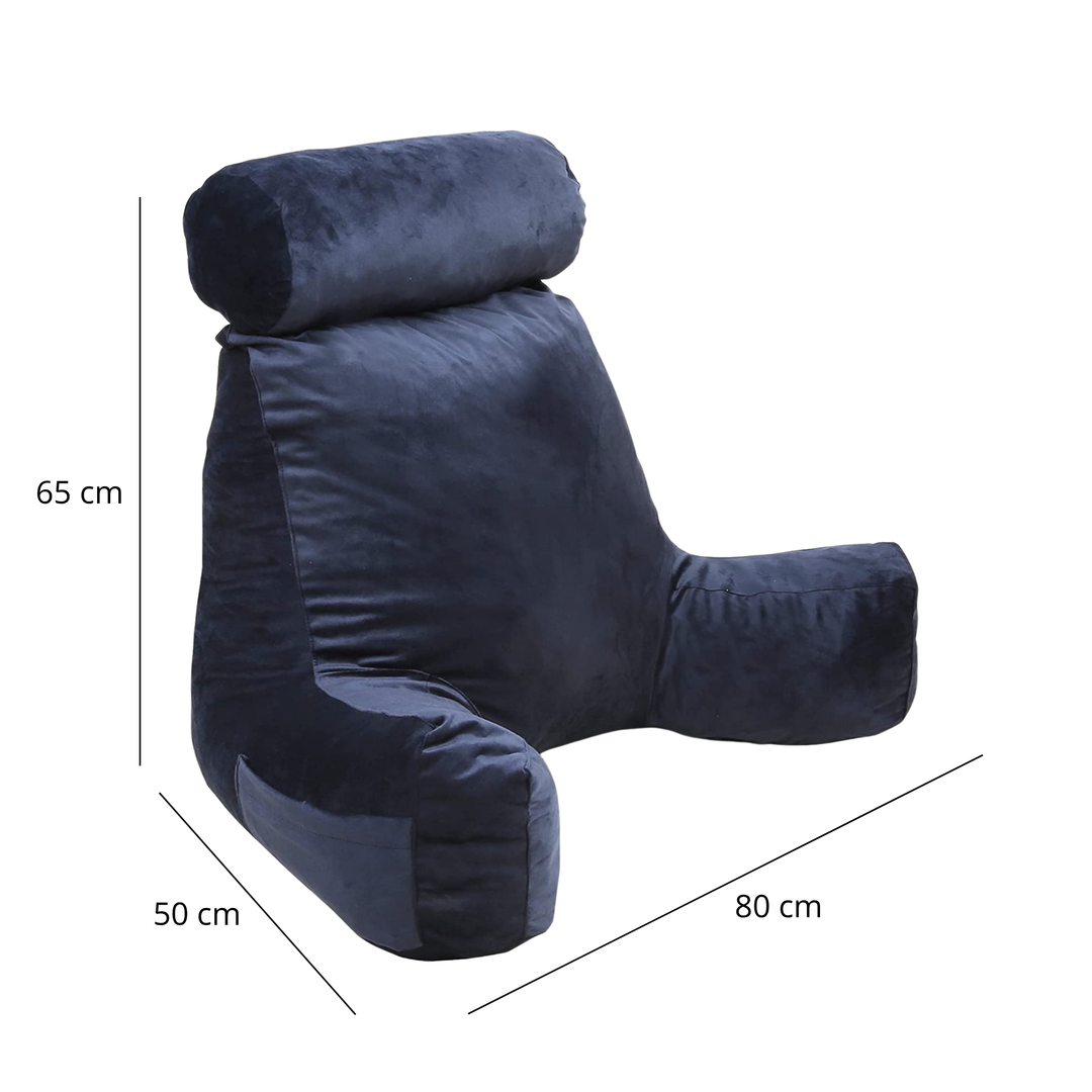 Coussin de lecture en velours bleu nuit, dimensions 80×50×65 cm (schéma).