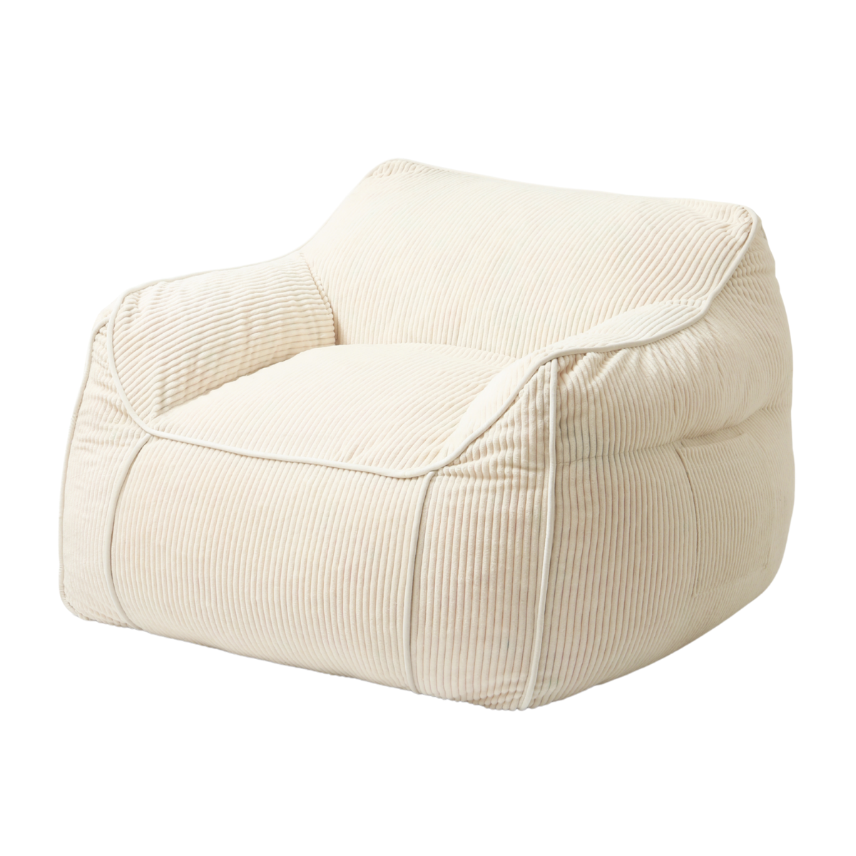 Pouf fauteuil en velours côtelé blanc cassé, accoudoirs arrondis et assise rembourrée.