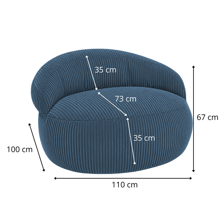Pouf XXL déhoussable en velours côtelé bleu, dimensions 110 x 100 cm
