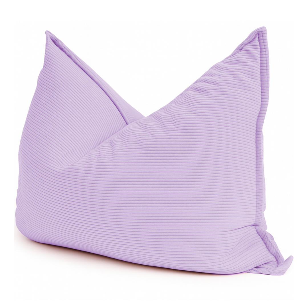 Pouf en velours côtelé violet, assise moelleuse, housse amovible.