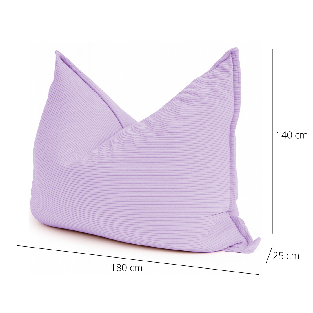 Pouf violet en velours côtelé déhoussable, dimensions 180x140 cm, épaisseur visible.