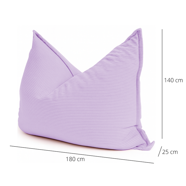 Pouf violet en velours côtelé déhoussable, dimensions 180x140 cm, épaisseur visible.