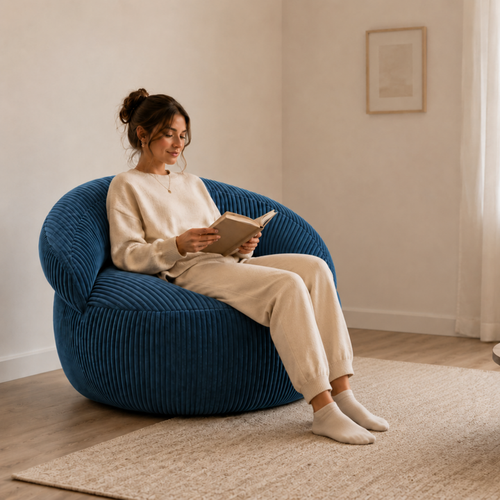 Personne assise sur un pouf XXL en velours côtelé, dans un salon