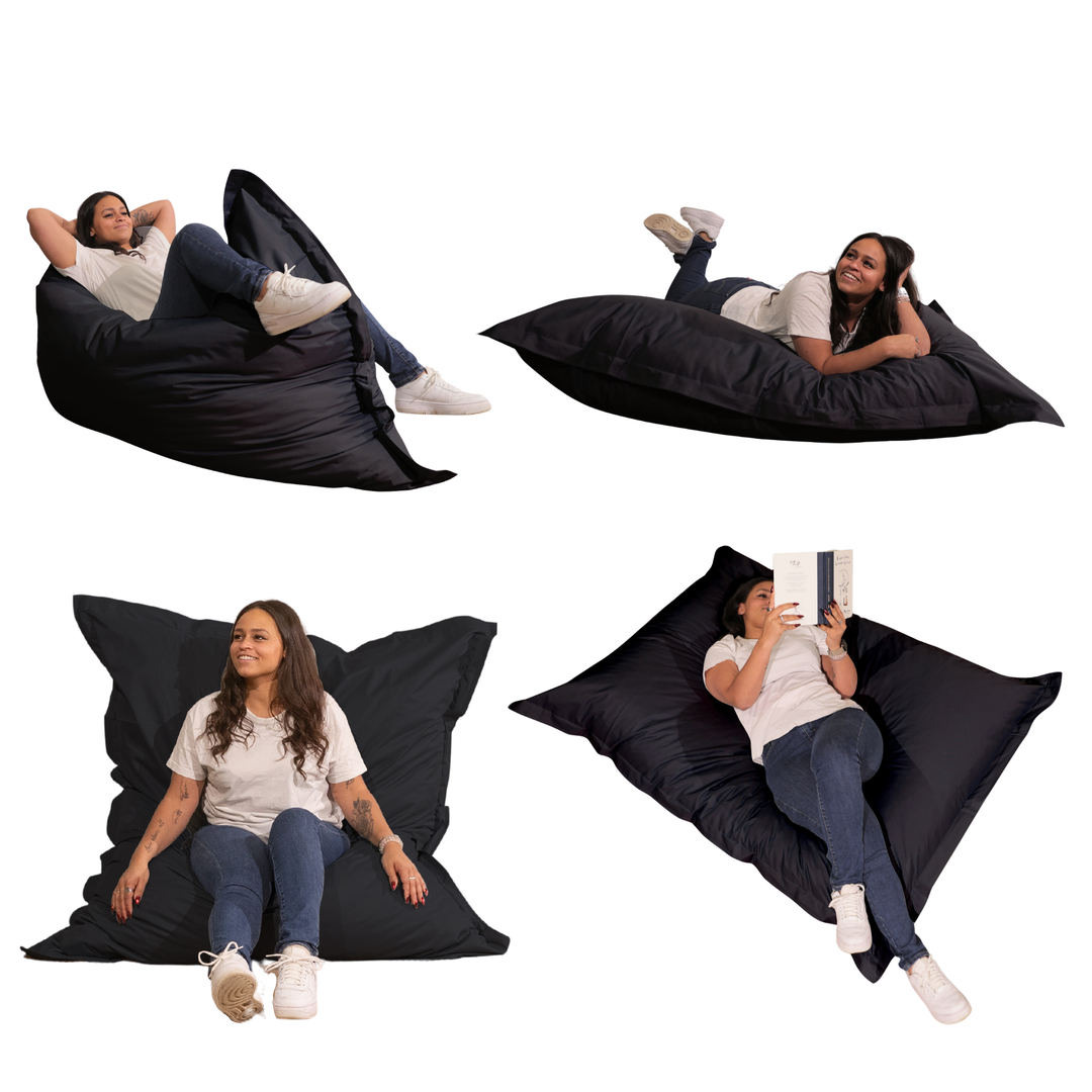Différentes positions d’utilisation du pouf extérieur 140x180 cm avec une personne allongée, assise et inclinée.