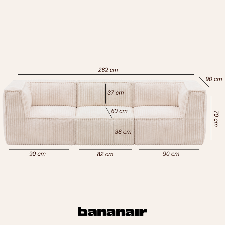 Canapé modulable 3 places déhoussable en velours côtelé blanc cassé avec dimensions 262×90 cm