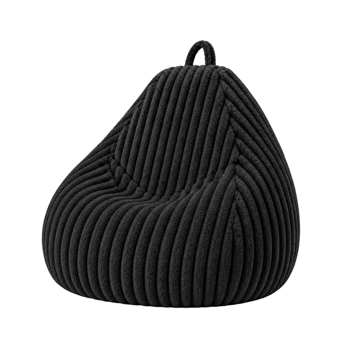 Pouf poire noir en fourrure côtelée, forme poire avec poignée