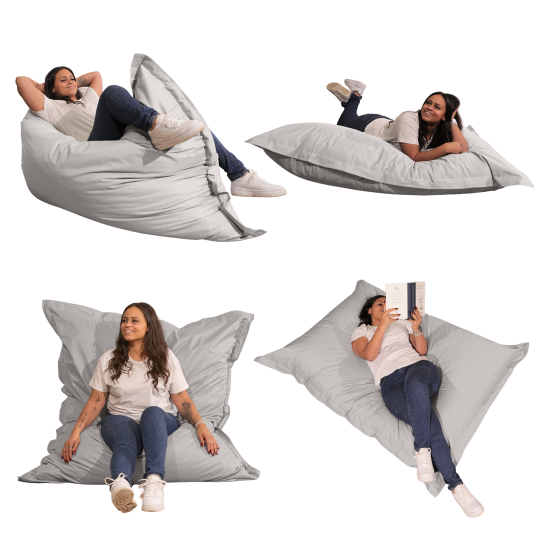 Différentes positions d’utilisation du pouf extérieur 140x180 cm avec une personne allongée, assise et inclinée.