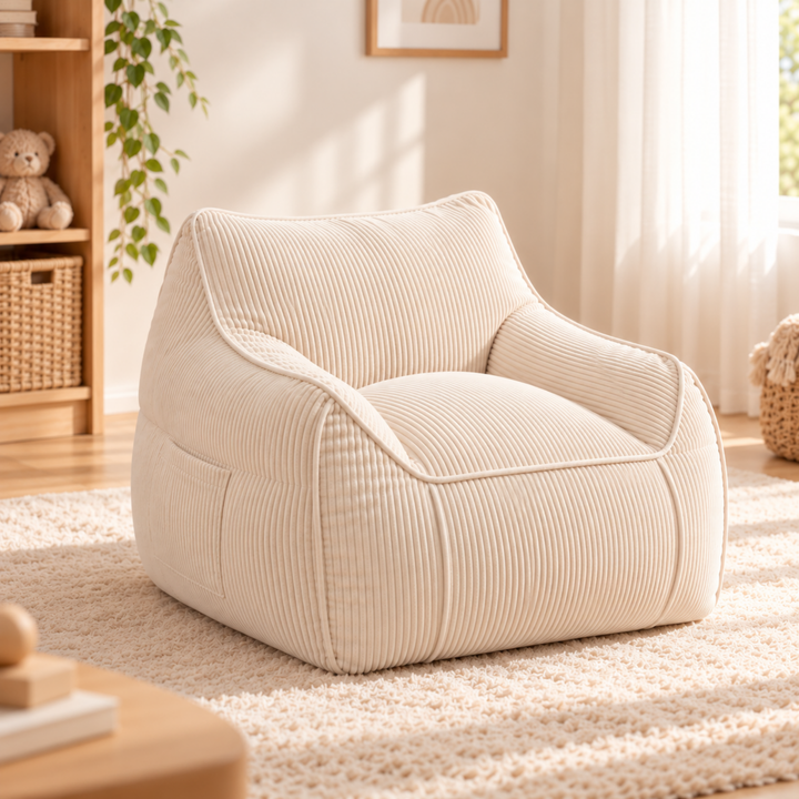 Pouf fauteuil enfant en velours côtelé blanc cassé, dans une chambre