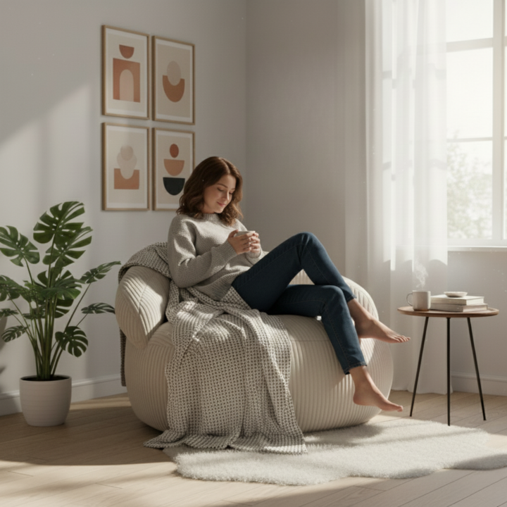 Personne assise sur un pouf XXL en velours côtelé, dans un salon