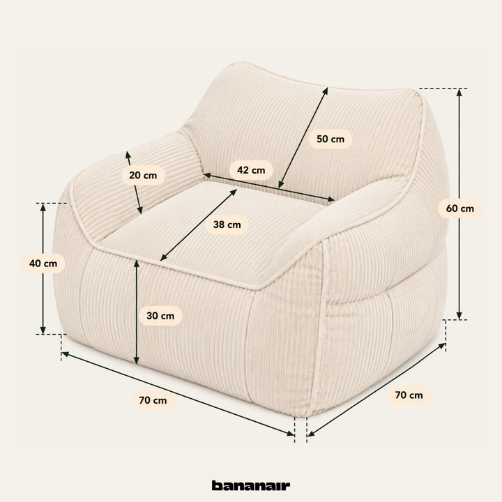 Pouf fauteuil enfant en velours côtelé blanc cassé avec dimensions 70 x 70 cm
