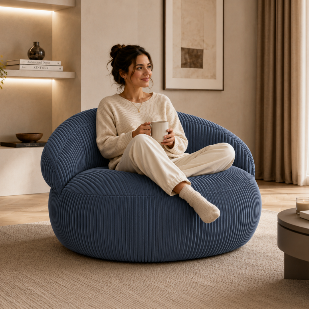 Personne assise sur un pouf XXL en velours côtelé, dans un salon