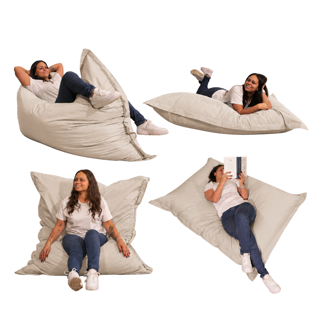 Différentes positions d’utilisation du pouf extérieur 140x180 cm avec une personne allongée, assise et inclinée.