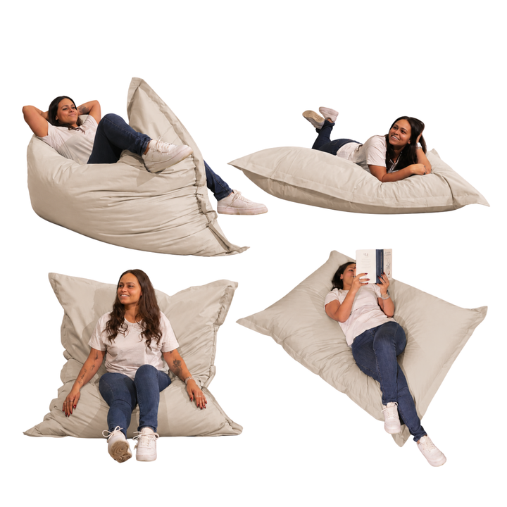 Différentes positions d’utilisation du pouf extérieur 140x180 cm avec une personne allongée, assise et inclinée.