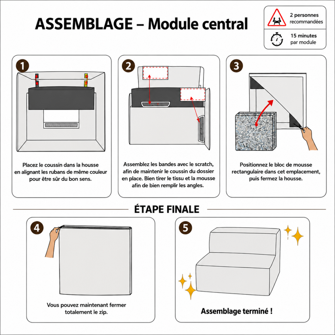 Módulo central com capa removível - Para sofá modular - Veludo canelado - 90x82 cm