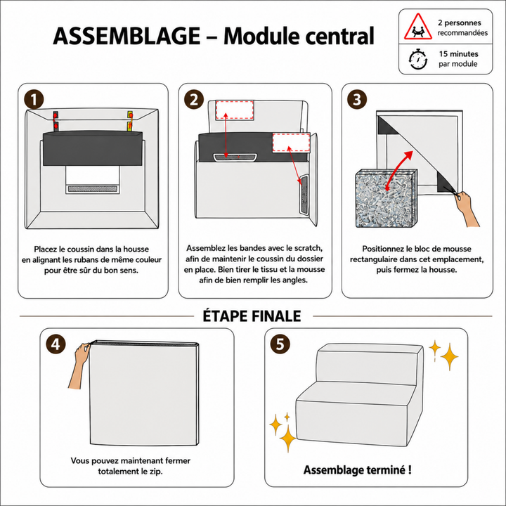 Módulo central com capa removível - Para sofá modular - Veludo canelado - 90x82 cm