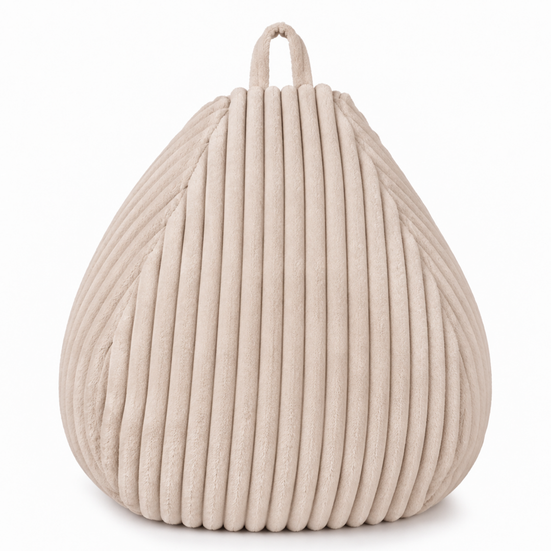 Pouf poire beige fourrure côtelée avec anse, forme poire