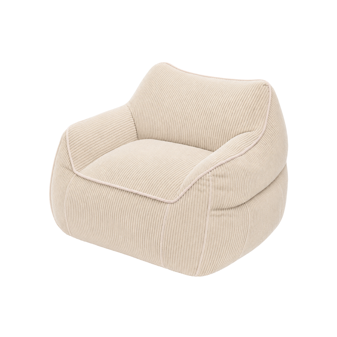 Fauteuil pouf enfant en velours côtelé beige clair, assise et accoudoirs arrondis