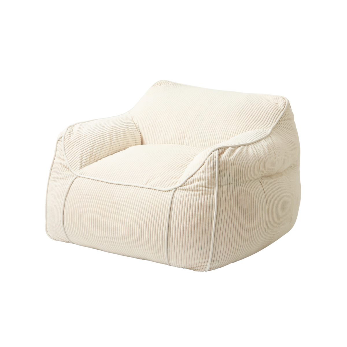 Fauteuil pouf enfant en velours côtelé blanc cassé, structure rembourrée, coutures visibles