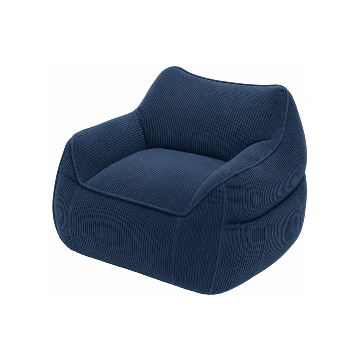 Fauteuil pouf enfant en velours côtelé bleu, accoudoirs intégrés et forme compacte