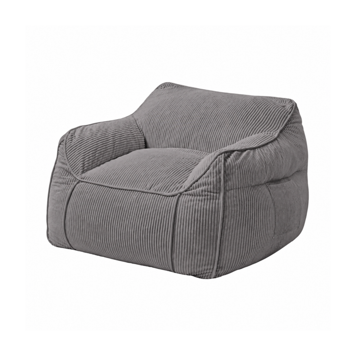 Fauteuil pouf enfant en velours côtelé gris, dossier et assise arrondis, accoudoirs